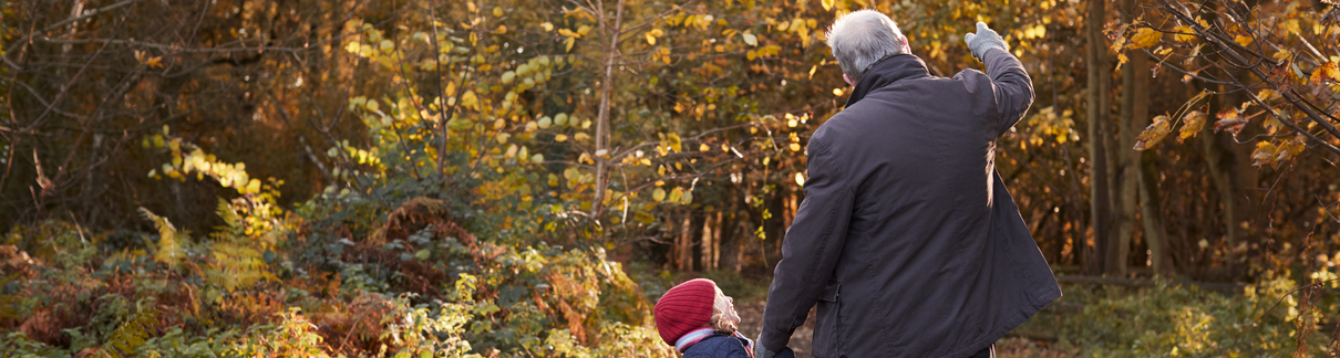 A grandfather and granddaughter on an autumn walk.