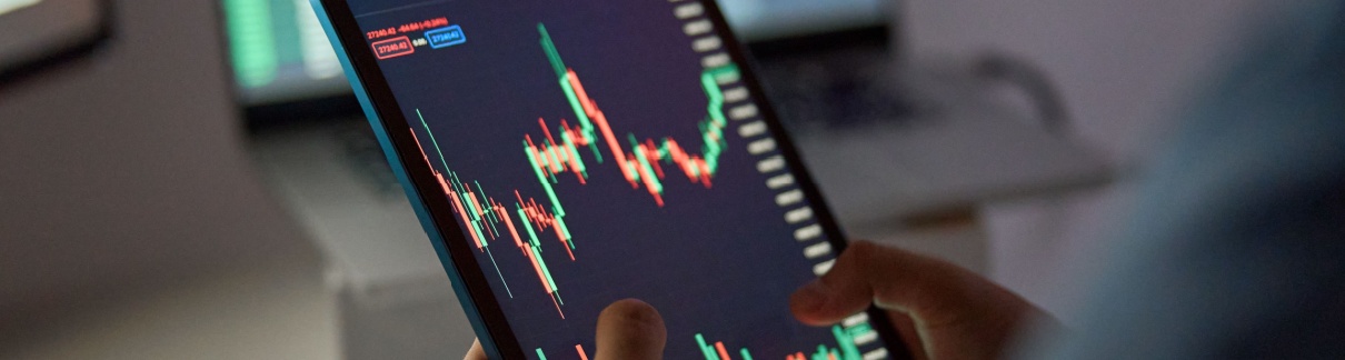 A person looking at a stock market graph on a tablet.