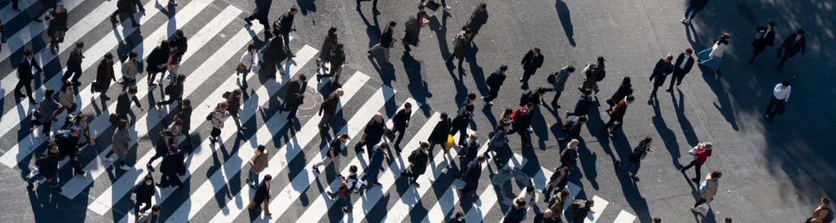 A crowd of people crossing a road.