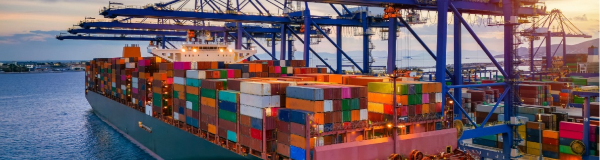 A container cargo ship at a commercial dock.