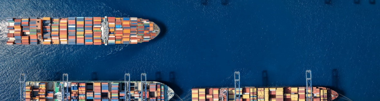 An aerial view of a cargo ship harbour.